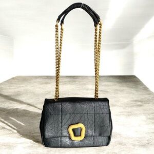 🆕 Songmont Small Chocolate Shoulder Bag Black Leather Quilted Crossbody